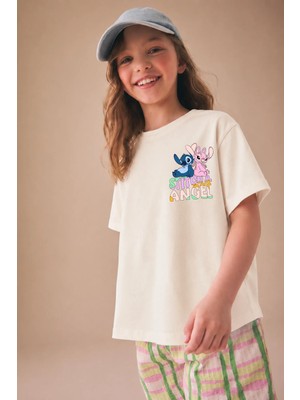 Little Aden Kız Çocuk Lilo & Stitch  Sırt Baskılı Pamuklu Oversize Kısa Kollu Tişört
