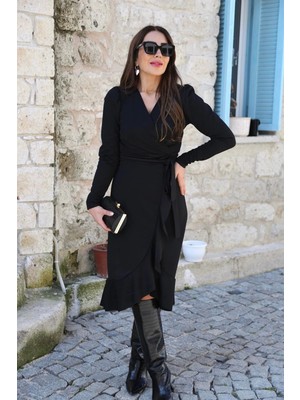 Lune Store Krep Kumaş Midi Boy Kuşaklı Uzunkol Elbise 113 cm