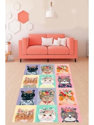 Pelangi Kedili Halı Kedi Desenli Dijital Baskı Yıkanabilir Kaymaz Taban Modern Salon Halısı ve Yolluk, Karışık Renkler 80 x 200