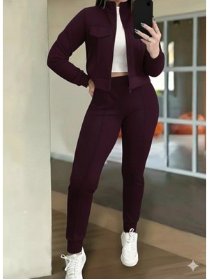 Lune Store Kadın Uzun Kollu Önden Fermuarlı Kısa Modal Mor Ceket ve Pantolon Ikili Takım