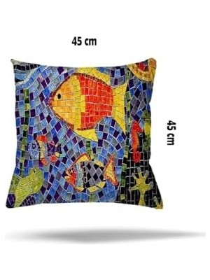 Pelangi Mozaik Desen Balıklı Gizli Fermuarlı Yastık Kılıfı Kırlent Kılıfı Koltuk Yastık Kılıfı, Turuncu-Mavi 45 x 45