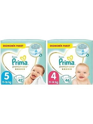 Prime Bebek Bezi Premium Care 5 Beden 42 Adet Junior Paket & Bebek Bezi Premium Care 4 Beden 46 Adet Maxi Paket