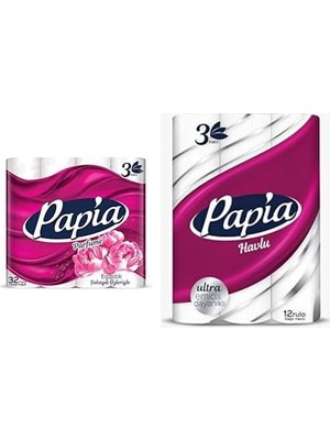 Prime Papia 3 Katlı Egzotik Şakayık Özleriyle Parfümlü 32'li Cilt Tuvalet Kağıdı (1 x 32 Rulo) ve Papia 3 Katlı Ultra Emici & Dayanıklı 12'li Kağıt Havlu (1 x 12 Rulo)
