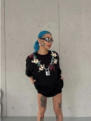 Lune Store Baskılı T-Shirt Kısa Kol Bisiklet Yaka Regular Rahat Kalıp Günlük Tişört - Siyah