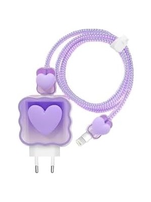 Prime 18W/20W ile Uyumlu Lila Kalp Şarj Aleti Kılıfı, Şarj Kablosu Örme Aparatı, Toparlayıcı, Kablo Koruyucu