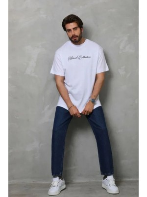 Lune Store Erkek Baskılı T-Shirt Kısa Kol Bisiklet Yaka Regular Fit Rahat Kalıp Günlük Tişört - Beyaz