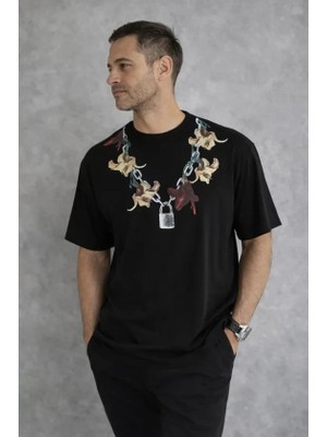 Lune Store Erkek Baskılı T-Shirt Kısa Kol Bisiklet Yaka Regular Fit Rahat Kalıp Günlük Tişört - Siyah
