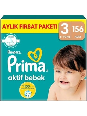 Prime Aktif Bebek, Bebek Bezi 3 Numara, 156 Adet Aylık Fırsat Paketi
