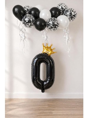 Prime 0 Rakam Siyah Folyo Balon, Kral Tacı ve Konfetili Siyah Balon Set
