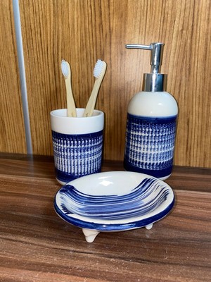 UltraMint Mavi Seramik Ala Collection 3 Parça Banyo Seti, Şeffaf ve Şık Tasarım