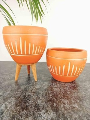 Ev Dekorasyon Dik Çizgi Desenli Terrakota Toprak Saksı Saksılık Salon Çiçeklik Ikili Set Ayaksız - 3 Ayaklı- 15 cm