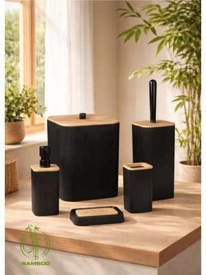 UltraMint Bambu Detaylı Siyah 5'li Banyo Seti, Şık ve Modern Tasarım