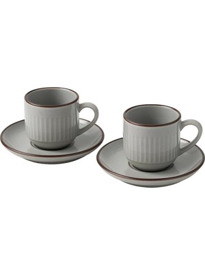 Prime 2'li Set Çizgili Seramik Fincan Takımı | Mat Kahverengi Beyaz Rustik Espresso & Türk Kahvesi Fincanı | Çift Kişilik Kulplu Servis Seti | Modern Ev ve Kafe Stili