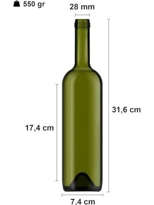 Prime 750 ml Yeşil Şarap Şişesi Sentetik Mantar Tıpalı ve Kapüşonlu Boş Çukur Cam Şişe 1 Adet