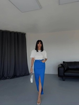 Lune Store Gabardin Uzun Önden Yırtmaçlı Etek - Saks