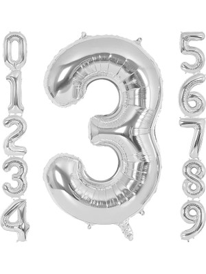 Prime Xesha 3 Rakamı Doğum Günü Balonu Yaş Günü Gümüş Renk Uçan Balon 102 cm Doğum Günü ve Parti Dekorasyonu Büyük Boy Folyo Helyum Uçan Balon Yaş 3 Sayısı
