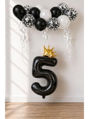 Prime Siyah Folyo Balon, Kral Tacı ve Konfetili Siyah Balon Set (5)