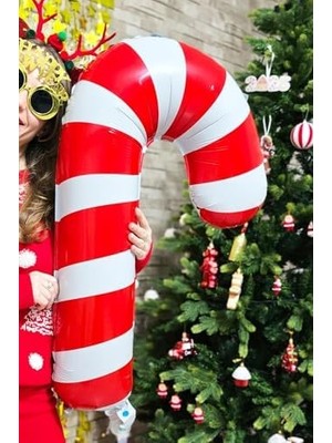 Prime P.e.k. Büyük Kırmızı Beyaz Baston Şeker Folyo Balon Yılbaşı Süslemesi Büyük Baston Şeker Balon 90CM