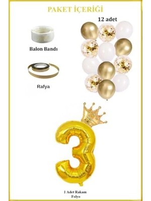 Prime 3 Rakam Folyo Balon, Kral Tacı ve Konfetili Balon