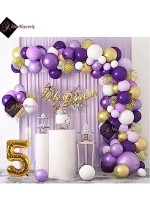 Prime 5 Yaş Macaron Mor Balon Zinciri Seti Gölge Mor Altın Balon Dekorasyon BMCNM767