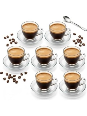 Prime 6 Kişilik Şeffaf Cam Kahve Fincan Takımı - 12 Parça Modern Espresso ve Türk Kahvesi Seti - Dayanıklı Cam Fincan ve Tabak Seti