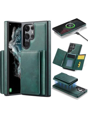 Prime Galaxy S23 Ultra ile Uyumlu Deri Kılıf Magsa ile Uyumlu Wallet 2 In 1 Çıkarabilir Kart Tutucu Mıktanıslı Stand Olabilen Phone Case Deri Kapak Şarj Özellikli Yeşil
