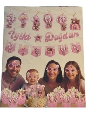 Prime Jl Ayıcık Temalı Doğum Günü Parti Seti, Pembe, 29 Parçalı, Banner, Tavan Sarkıt, 3D Gözlük, Pasta Figürü ve Mısır Kutusu (Pembe, Doğum Günü Konseptli Dekorasyon Paketi)