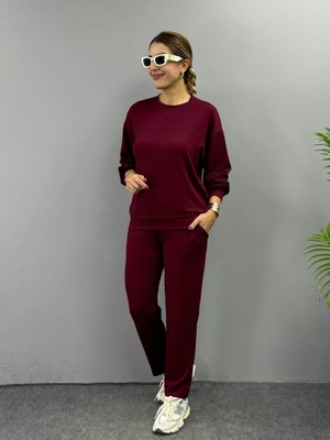 Lune Store Kadın Uzun Kollu Bisiklet Yaka Viskon Iki Iplik Bluz ve Pantolon Ikili Takım