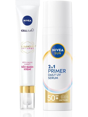 Prime Sun SPF50 Güneş Koruyucu Nemlendirici Makyaj Bazı 30ML ve LUMINOUS630 Koyu Halka Karşıtı Göz Kremi