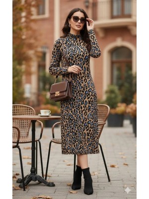 Lune Store Kadın Uzun Kollu Balıkçı Yaka Leopar Desenli Midi Boy Elbise