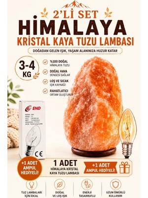 Anadolu Hasat 3-4kg Himalaya Kristal Kaya Tuzu Lambası 1.5m Kablolu Açma-Kapama Düğmeli+ampul hediyeli