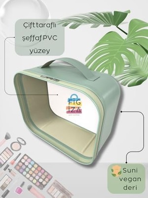 Prime Makyaj Çantası Kozmetik Düzenleyici Seyahat Tipi Deri Görünümlü Şeffaf Organizer (24 * 18 * 11 Cm) (Yeşil)