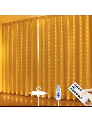 Prime 3x3 Metre Perde LED Işık, 300 Ledli 10 Sarkıtlı Dekoratif Led, Uzaktan Kumandalı ve 8 Fonksiyonlu, USB Girişli Günışığı (Sarı) Duvar ve Perde Aydınlatması
