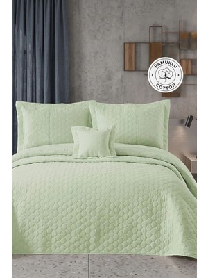 Evlen Home Collection Hayal Çift Kişilik Yatak Örtüsü Dantelli Kapitone Pike Takımı Elyaf Dolgulu 4 Parça Mint