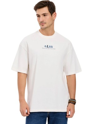 Aleg Ekru Erkek Oversize Geometrik Desen T-Shirt ALG25022-06 11-0604 T-Shirt Satranç