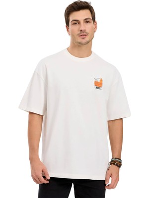 Aleg Ekru Erkek Oversize Yazı Baskılı T-Shirt ALG25022-09 11-0604 T-Shirt El Göz