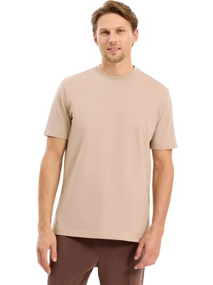 Aleg Bej Erkek Oversize Logo Baskılı T-Shirt ALG25023 16-1105 Alegion T-Shirt