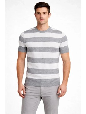 Lune Store Erkek T-Shirt Çizgili Triko Dokuma Bisiklet Yaka Tişört - Gri