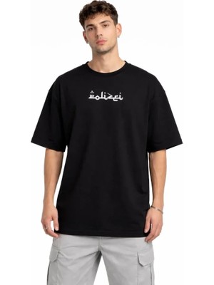 Lune Store Erkek Bisiklet Yaka Baskılı Kısa Kollu Tişört Streetwear Günlük Basic Pamuklu T-Shirt - Siyah