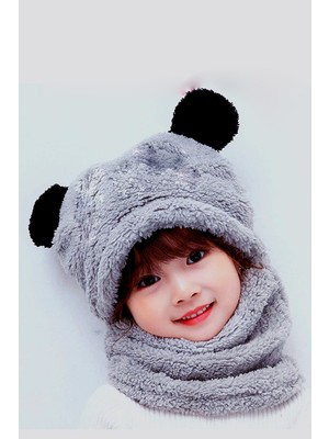Bundera Panda Kapşonlu Peluş Bere Atkı Rüzgar Geçirmez Kız Çocuk Gri 2 - 3 Yaş Kış Aksesuarı