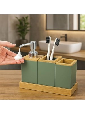 Prime Bambu Kapaklı Yeşil Banyo Seti – Sıvı Sabunluk, Diş Fırçalık, Çok Gözlü Organizer ve Düzenleyici