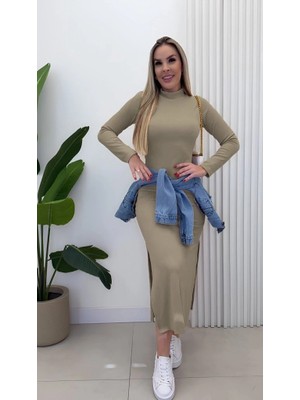 Lune Store Kadın Uzun Kollu Balıkçı Yakalı Yanlardan Yırtmaçlı Kaşkorse Maxi Elbise