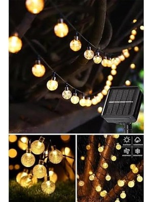 Prime Solar Güneş Enerjili Ampul Şeklinde LED Aydınlatma 8 Metre Uzunlukta 47 Adetli, 8 Modlu Lamba LED Bahçe,, Havuz Kenarı Aydınlatması Su Geçirmez (Sarı Gün Işığı)