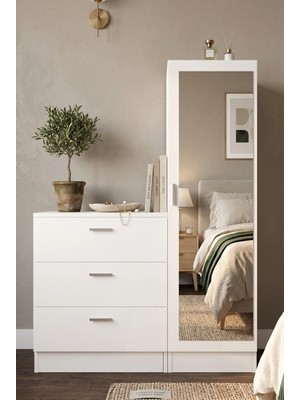 Yurudesign Nancy Beyaz Aynalı Şifonyer 600 mm Genişlik 720 mm Yükseklik 3 Çekmeceli CC6-W