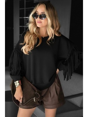 Lune Store Kadın Uzun Kollu Bisiklet Yaka Kolları Püsküllü Modal Bluz