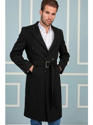 Dewberry Plt8382 Erkek Palto Siyah Düz Desenli Uzun Kol Yün Polyester M Beden
