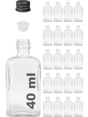Prime 40 ml Kolonya Tıpalı ve Metal Kapaklı Hediyelik Yassı Kolonya Şişesi 40 cc Nişan, Düğün Cam Şişe 20 Adet (40 ml Yassı, Siyah Kapak )