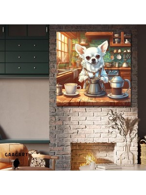 Prime Kare Kanvas Kahve Köşesi Cafe Tablosu Barista Beyaz Chihuahua, 20 x 20