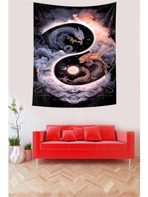 Prime Pelangi Yin Yang Kaplan Kurt Ejderha Ay Leke Tutmaz Kumaş Duvar Örtüsü Duvar Halısı Tapestry PNTR402, 140 x 140