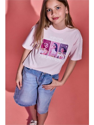 DeFacto %100 Pamuk Kpop - Demon Hunters Oversize Bisiklet Yaka Kısa Kollu Tişört Kız Çocuk H7335A826SM